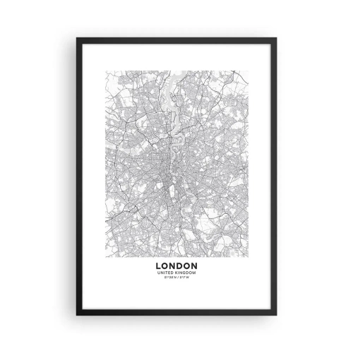 Plakat i sort ramme - Sort-hvidt kort over London med præcise gadedetaljer - 50x70cm - Kort over Londons labyrint - Moderne vægdekoration til stue og soveværelse ARTTOR