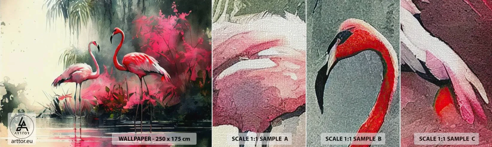 Prøve Fototapet Premium Canvas - En lektion i naturlig charme - Flamingoer, Stykke, Landskab - 100x30 cm