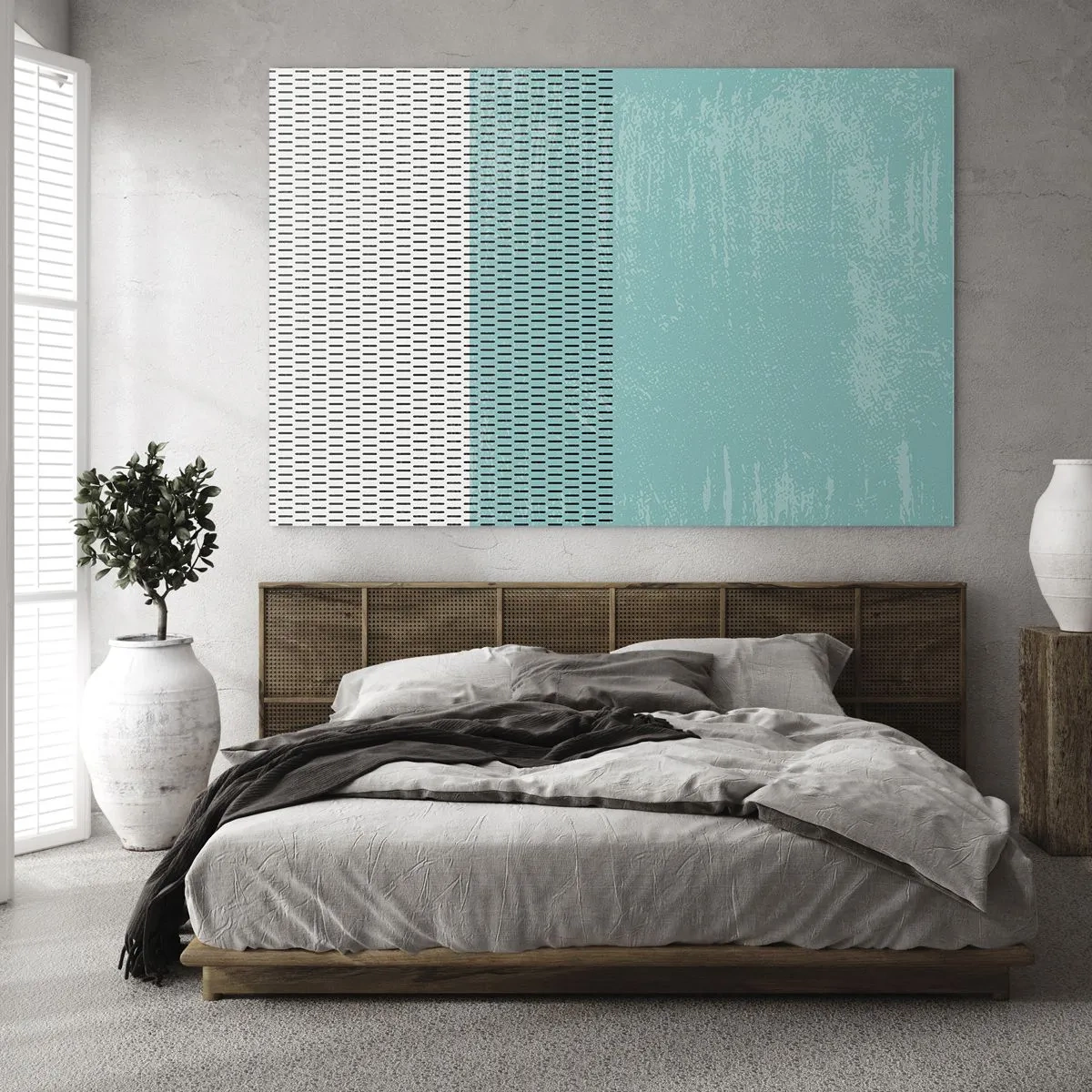 Billede på glas - Moderne abstraktion i turkis og hvide farver - 70x50cm - Balanceret sammensætning - Moderne vægdekoration til stue og soveværelse ARTTOR