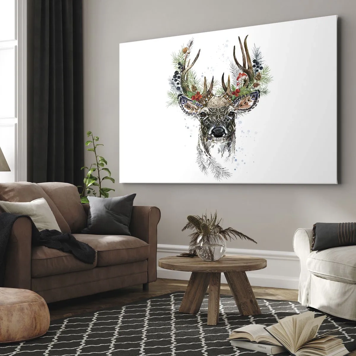Lærredstryk - Billede på lærred - Stiliseret hjort med dekorative gevirer på en hvid baggrund - 70x50cm - I festlig påklædning - Moderne vægdekoration til stue og soveværelse ARTTOR