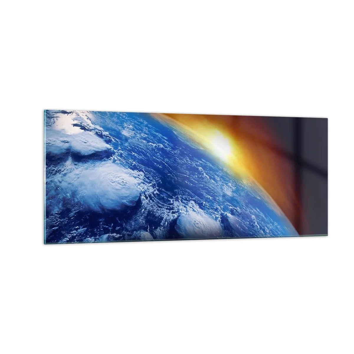Billede på glas - Solopgang over den blå planet - 100x40 cm
