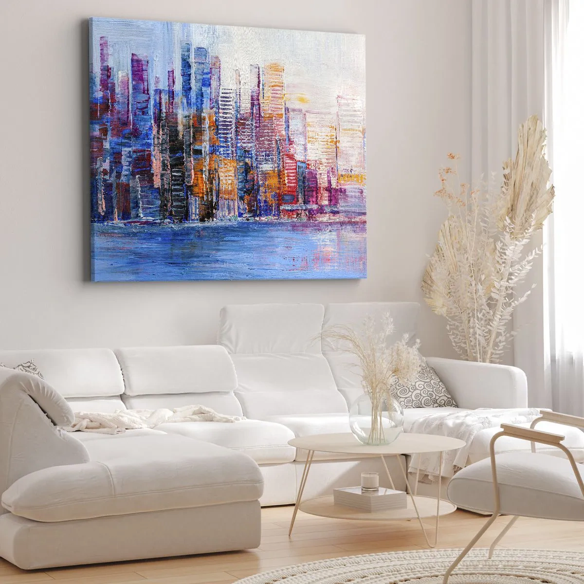 Lærredstryk - Billede på lærred - Et farverigt panorama af byen med refleksioner på vandet - 70x50cm - En glad metropol - Moderne vægdekoration til stue og soveværelse ARTTOR