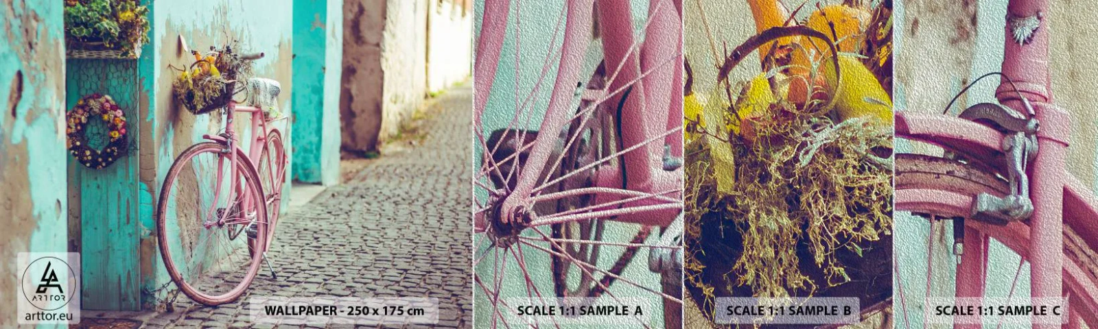 Prøve Fototapet Premium Sand - Jeg vender tilbage om lidt - Cykel, Arkitektur, Blomster - 100x30 cm