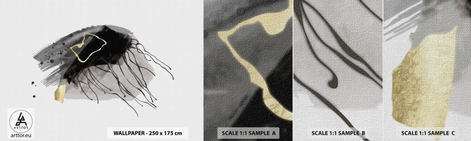 Prøve Fototapet Premium Canvas - I sort og guld - Abstraktion, Stykke, Grafik - 100x30 cm