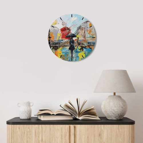 Vægur, Uret - Farverig byscene med en kvinde og en vindmølle - 30x30cm - Parisiske legender - Moderne vægdekoration til stue, køkken og soveværelse ARTTOR