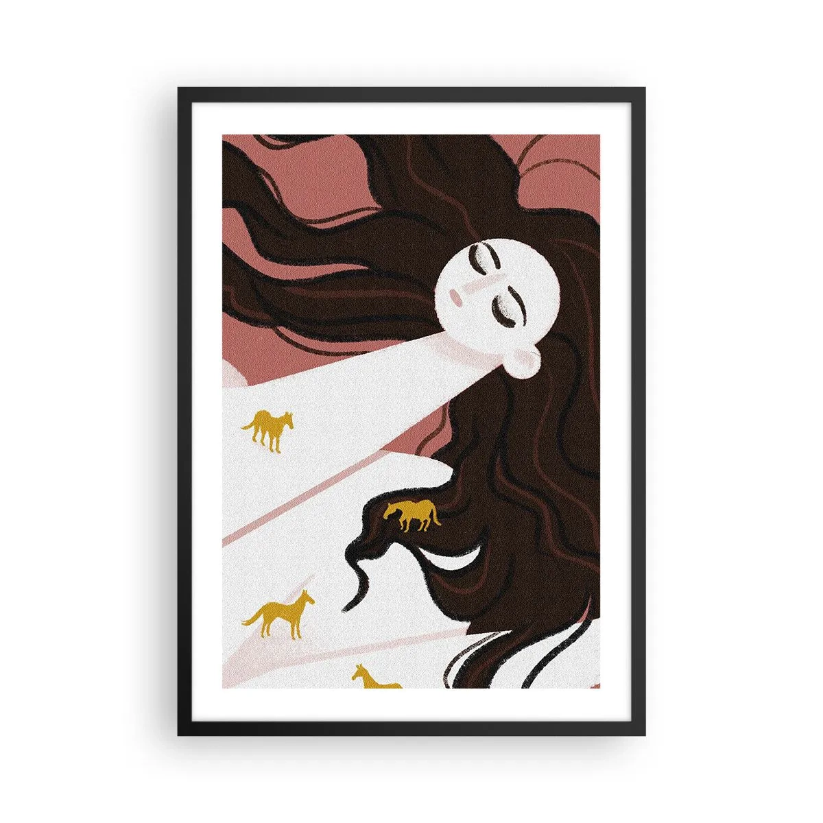 Plakat i sort ramme - En drømmende kvinde med langt hår og gyldne heste - 50x70cm - Drøm om en gylden hest - Moderne vægdekoration til stue og soveværelse ARTTOR