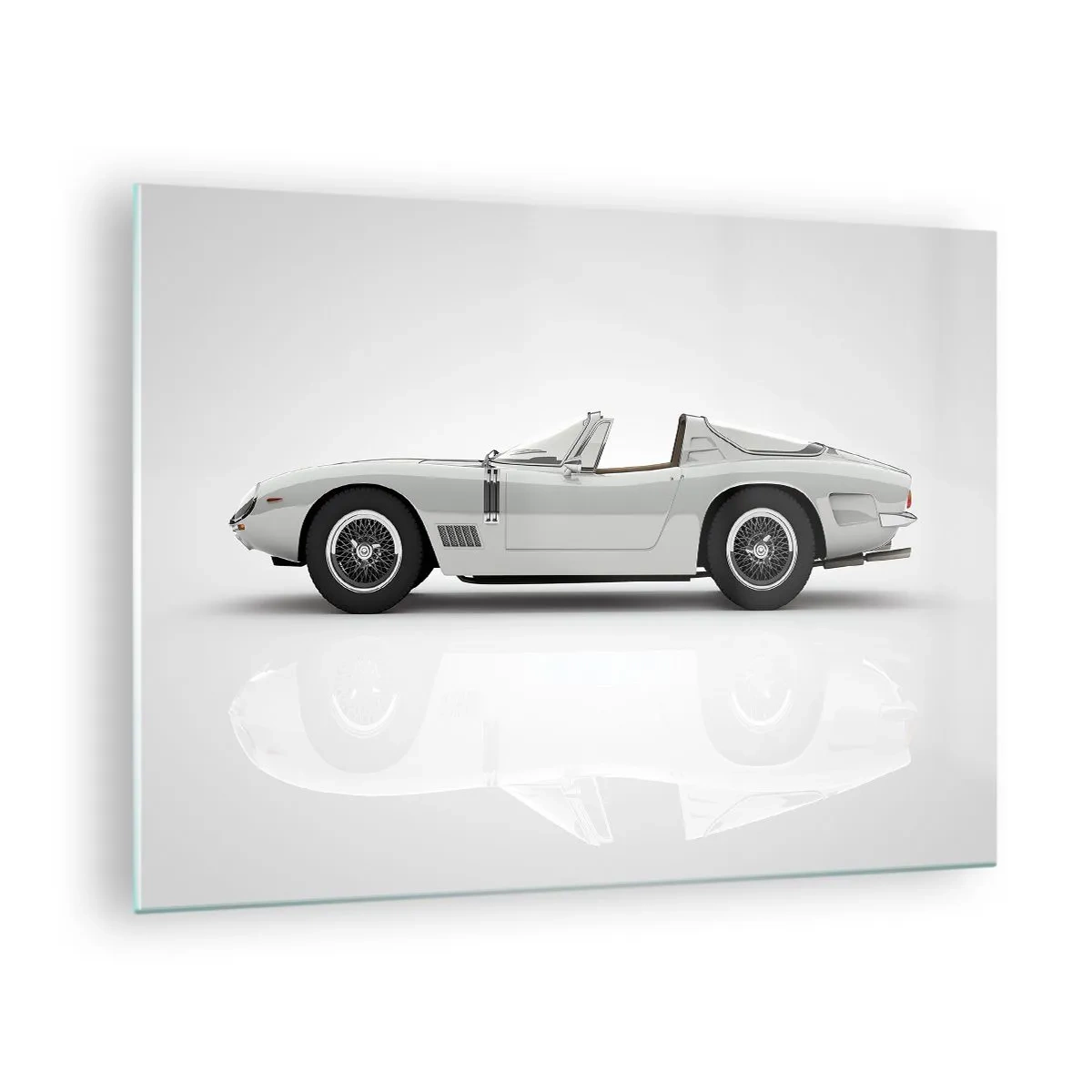 Billede på glas - En klassisk hvid cabriolet mod en minimalistisk baggrund med refleksioner. - 70x50cm - Løftet om sjov - Moderne vægdekoration til stue og soveværelse ARTTOR