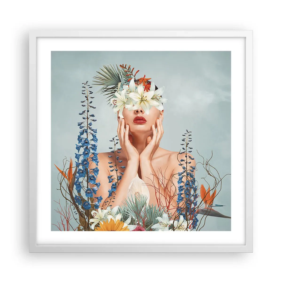 Plakat i hvid ramme - Kvinde blomst - 50x50 cm