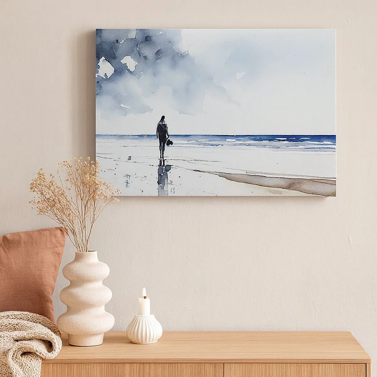 Lærredstryk - Billede på lærred - En figur på en strand i et roligt havmiljø - 70x50cm - Samtale med havet - Moderne vægdekoration til stue og soveværelse ARTTOR