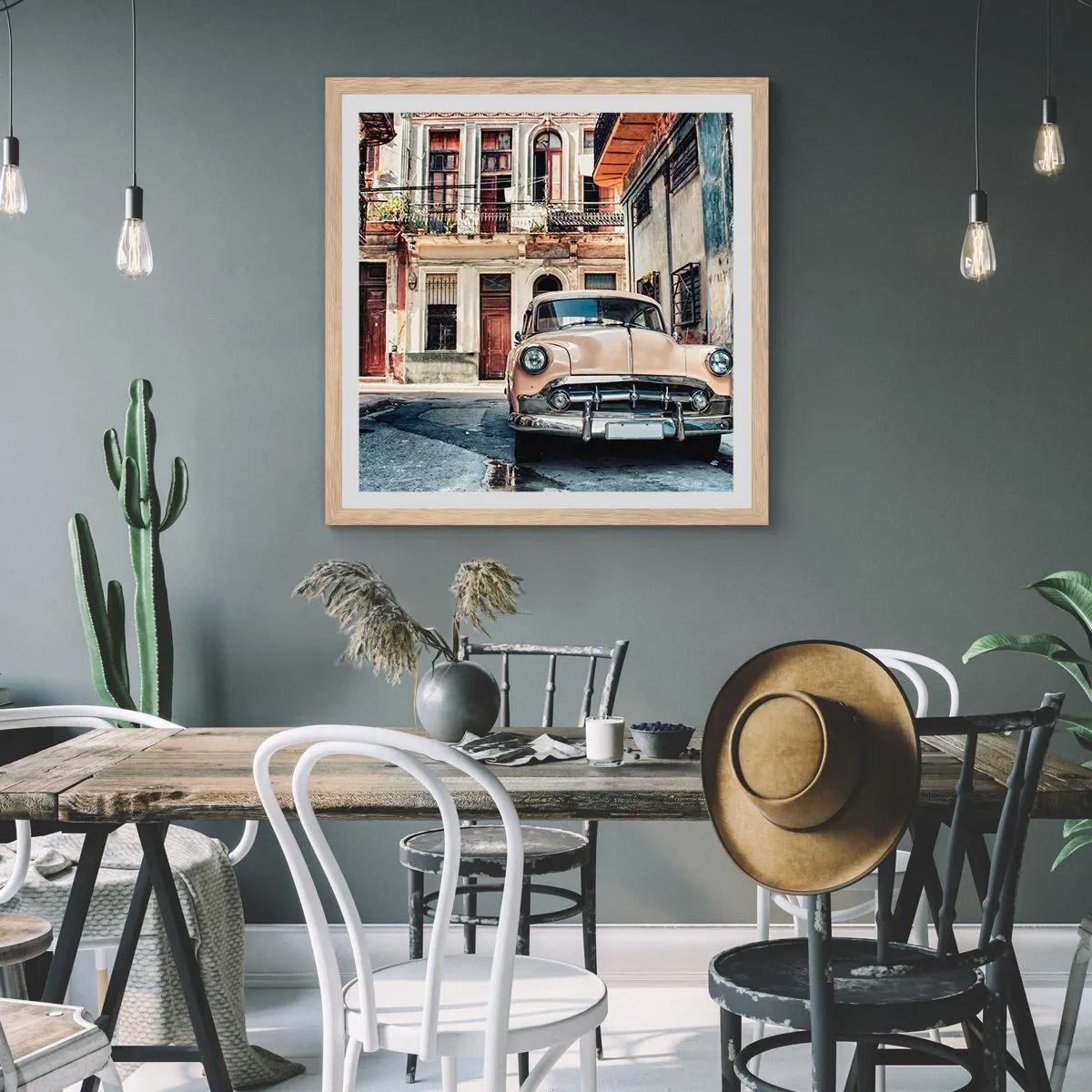 Plakat i ramme af lyst egetræ - Siesta i Havana - 40x40 cm