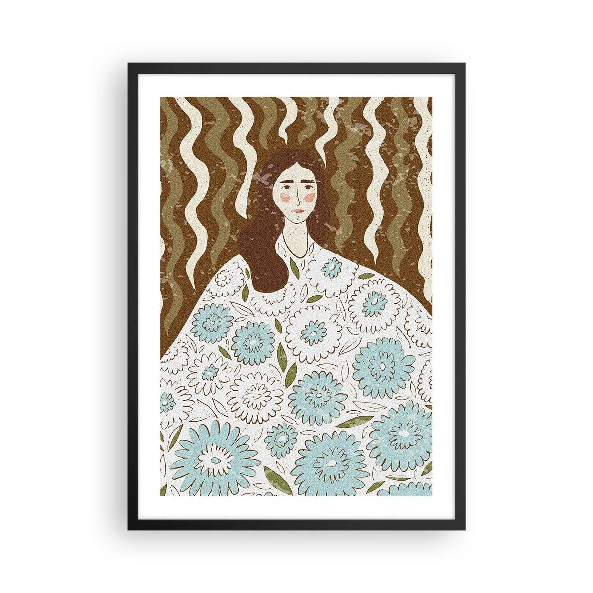 Plakat i sort ramme - Stiliseret portræt af en kvinde i en blomstret kjole mod en baggrund af bølgede mønstre. - 50x70cm - Portræt i en blomstret kappe - Moderne vægdekoration til stue og soveværelse ARTTOR