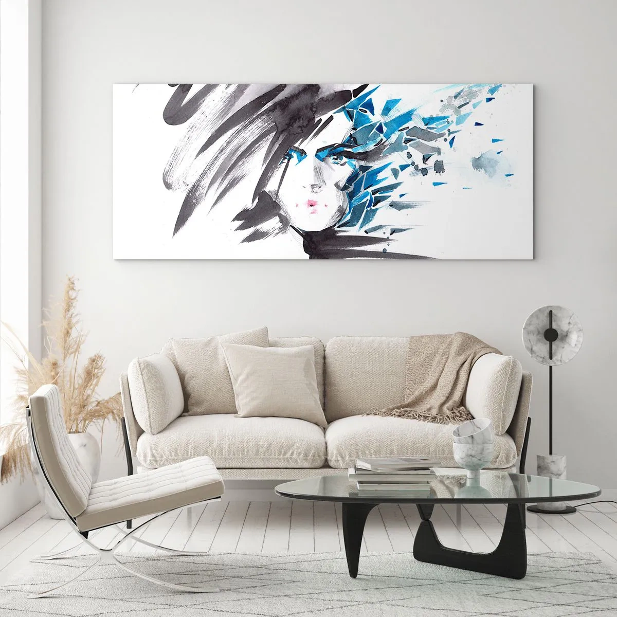 Billede på glas - Sensuelt portræt i grå og blå farver - 90x30 cm