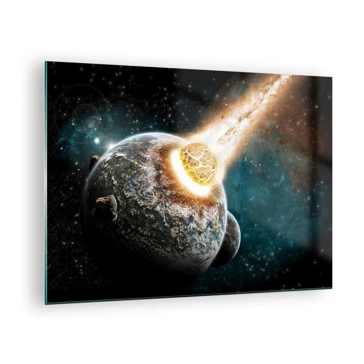 Billede på glas - En planet der kolliderer med en meteorit - 70x50cm - Udslettelse eller fødsel? - Moderne vægdekoration til stue og soveværelse ARTTOR