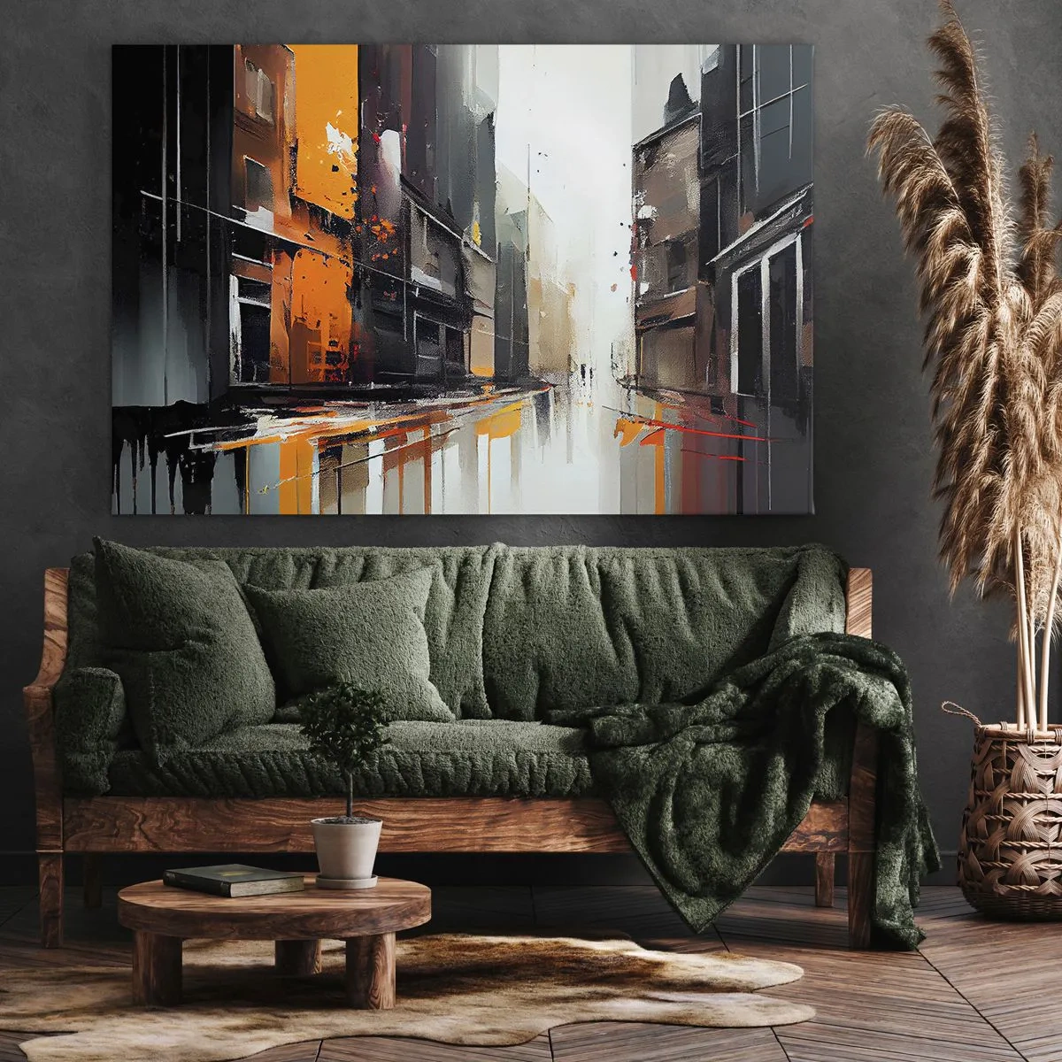 Lærredstryk - Billede på lærred - Abstrakt udsigt over en bygade i regnvejr - 70x50cm - Regnfuld dag - Moderne vægdekoration til stue og soveværelse ARTTOR