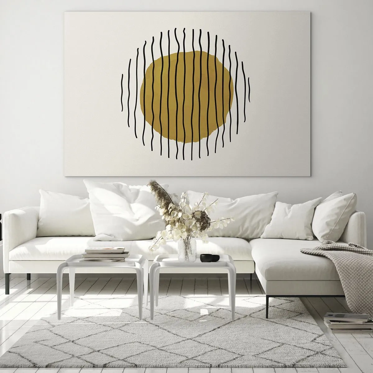 Billede på glas - En minimalistisk komposition med en gul cirkel og sorte linjer. - 70x50cm - Abstraktion, der skælver af varme - Moderne vægdekoration til stue og soveværelse ARTTOR