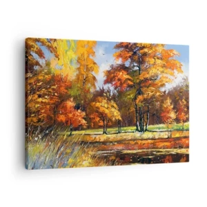 Lærredstryk - Billede på lærred - Efterårslandskab med farverige træer og en dam - 70x50cm - Landskab i guld og bronze - Moderne vægdekoration til stue og soveværelse ARTTOR