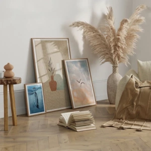 Plakat i ramme af lyst egetræ - Vase og dens idé - 70x100 cm