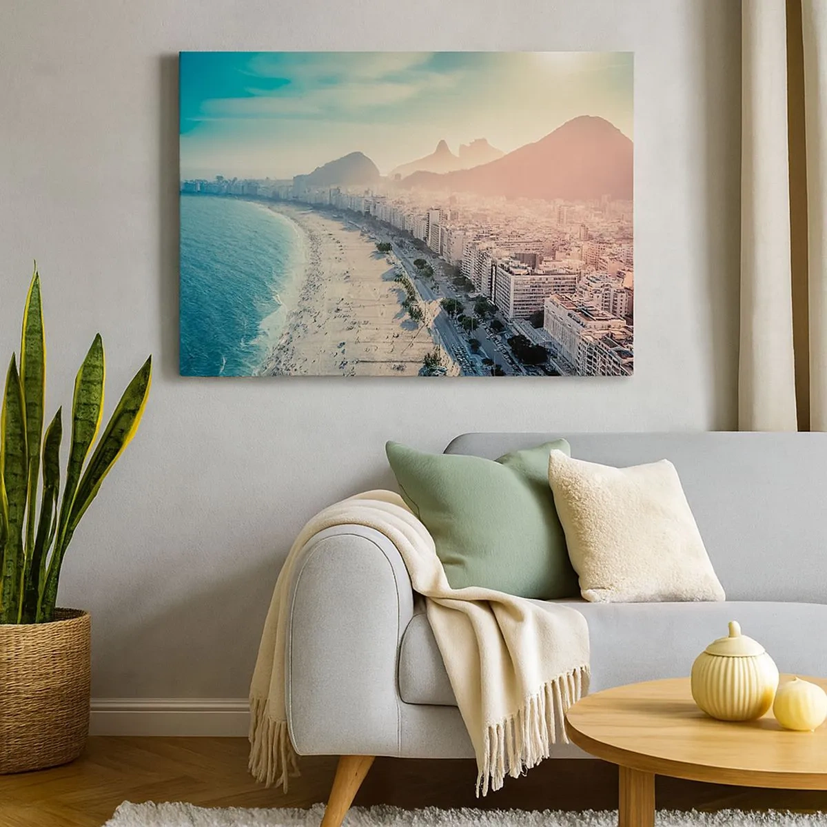 Lærredstryk - Billede på lærred - Panorama over Copacabana-stranden med bjerge i baggrunden i Rio de Janeiro - 70x50cm - Evig ferie i Rio - Moderne vægdekoration til stue og soveværelse ARTTOR