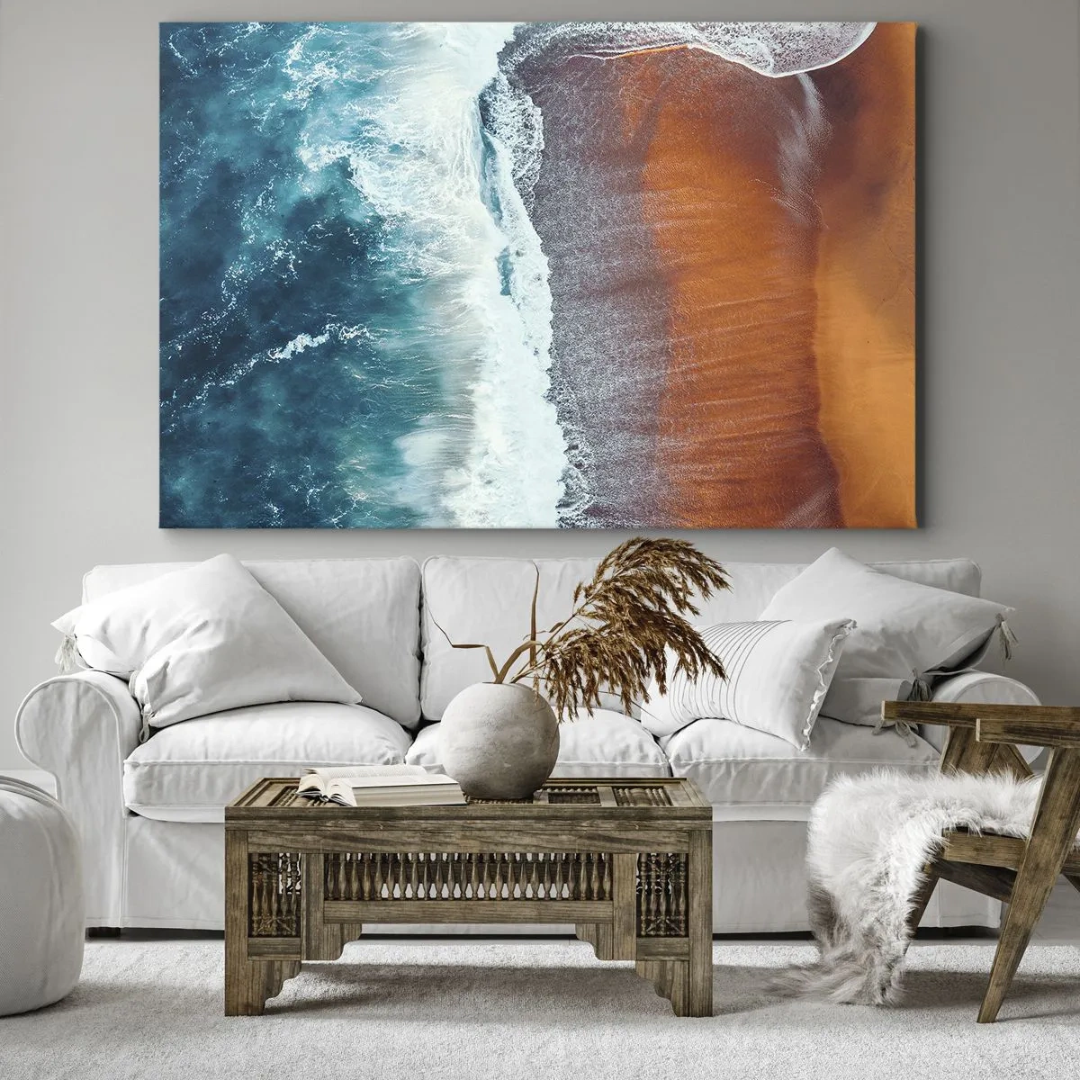 Lærredstryk - Billede på lærred - Udsigt over havets bølger, der slår ind på den gyldne strand - 70x50cm - Et strejf af havet - Moderne vægdekoration til stue og soveværelse ARTTOR