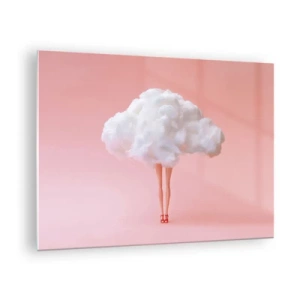 Billede på glas - En kvindefigur med en sky i stedet for en kjole mod en pastelrosa baggrund. - 70x50cm - Et sødt løfte - Moderne vægdekoration til stue og soveværelse ARTTOR