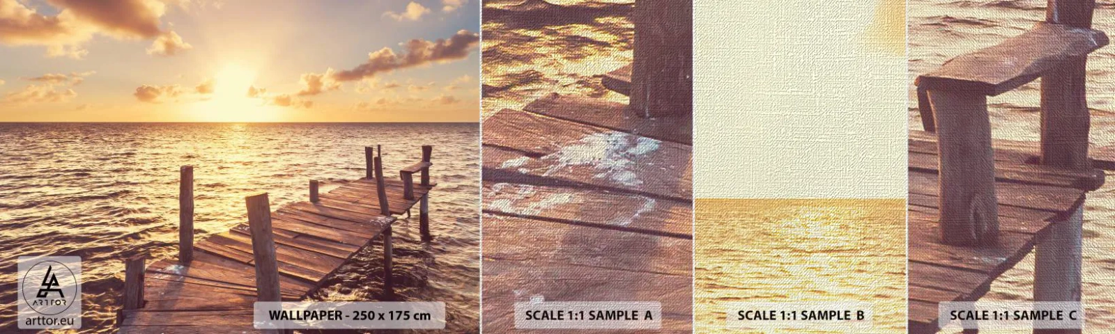 Prøve Fototapet Premium Canvas - Gyldent land af blidhed - Landskab, Hav, træbro - 100x30 cm