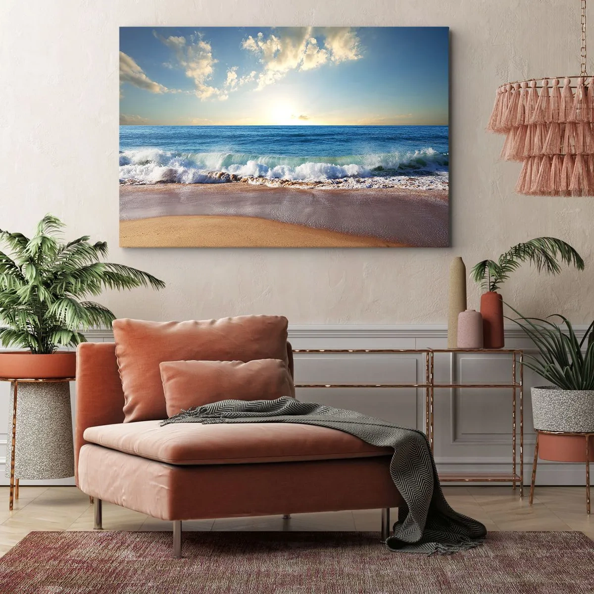 Lærredstryk - Billede på lærred - En solrig strand med bølger, der slår mod kysten - 70x50cm - Bevægelse og stilhed på samme tid - Moderne vægdekoration til stue og soveværelse ARTTOR