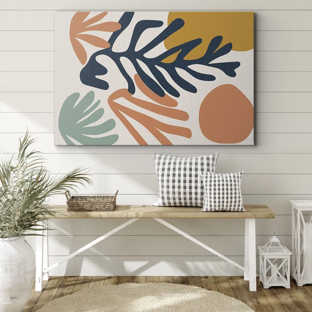 Lærredstryk - Billede på lærred - Farverige blade i abstrakt stil - 70x50cm - Koralhav - Moderne vægdekoration til stue og soveværelse ARTTOR