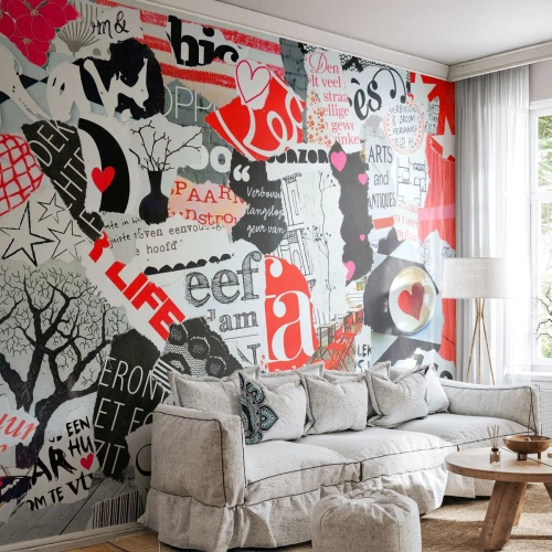 Fototapet Standard Eco - Farverig collagekomposition med avisudklip og tekster - 100x70cm - Hipster collage - Moderne vægdekoration til stue og soveværelse ARTTOR