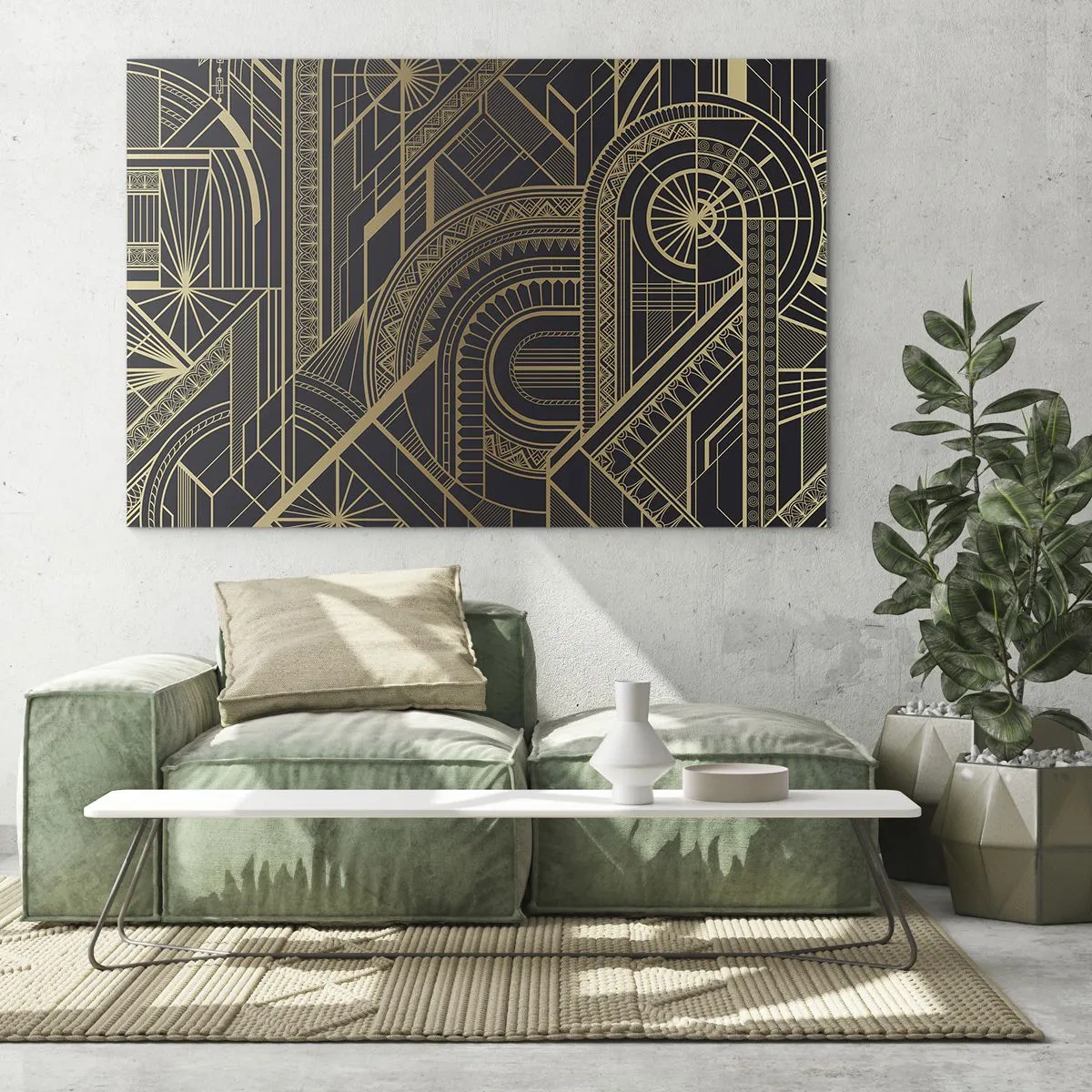 Billede på glas - Geometrisk Art Deco-mønster i guld og sort - 70x50cm - Koncepter, idéer, planer - Moderne vægdekoration til stue og soveværelse ARTTOR