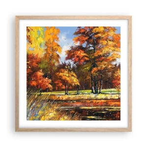 Plakat i ramme af lyst egetræ - Landskab i guld og bronze - 50x50 cm