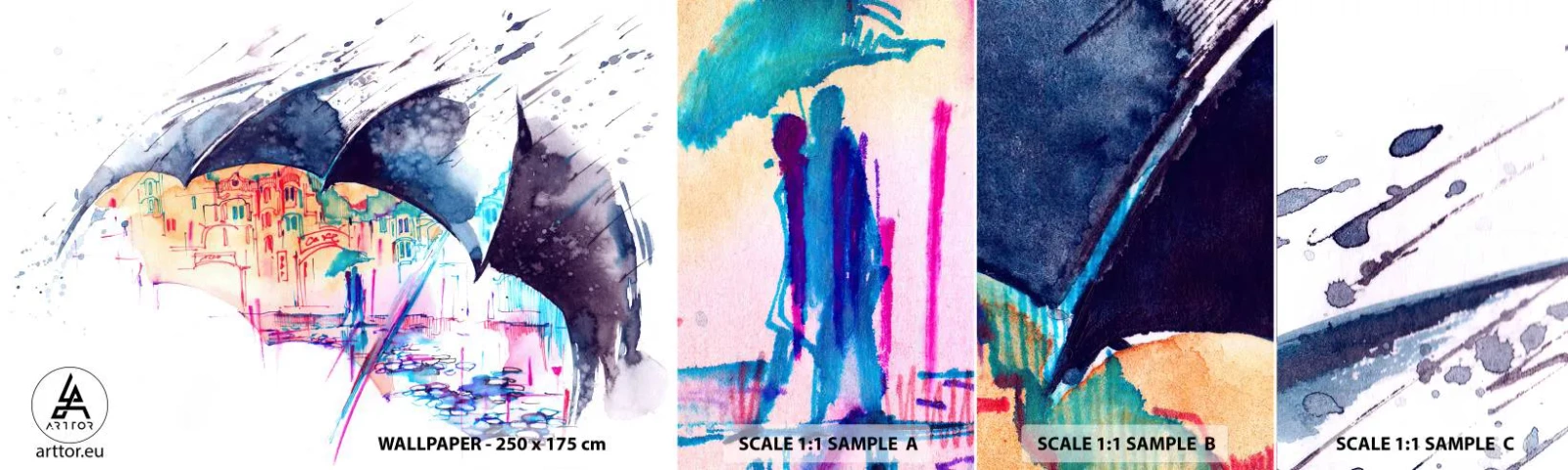 Prøve Fototapet Selvklæbende Deluxe Sticker - Gåtur i regnvejr - Abstraktion, Paraply, Arkitektur - 100x30 cm