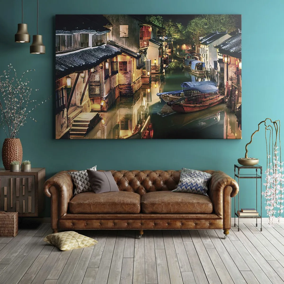 Lærredstryk - Billede på lærred - Natudsigt over kanalerne med traditionelle både og huse - 70x50cm - En aften på en kinesisk gade - Moderne vægdekoration til stue og soveværelse ARTTOR