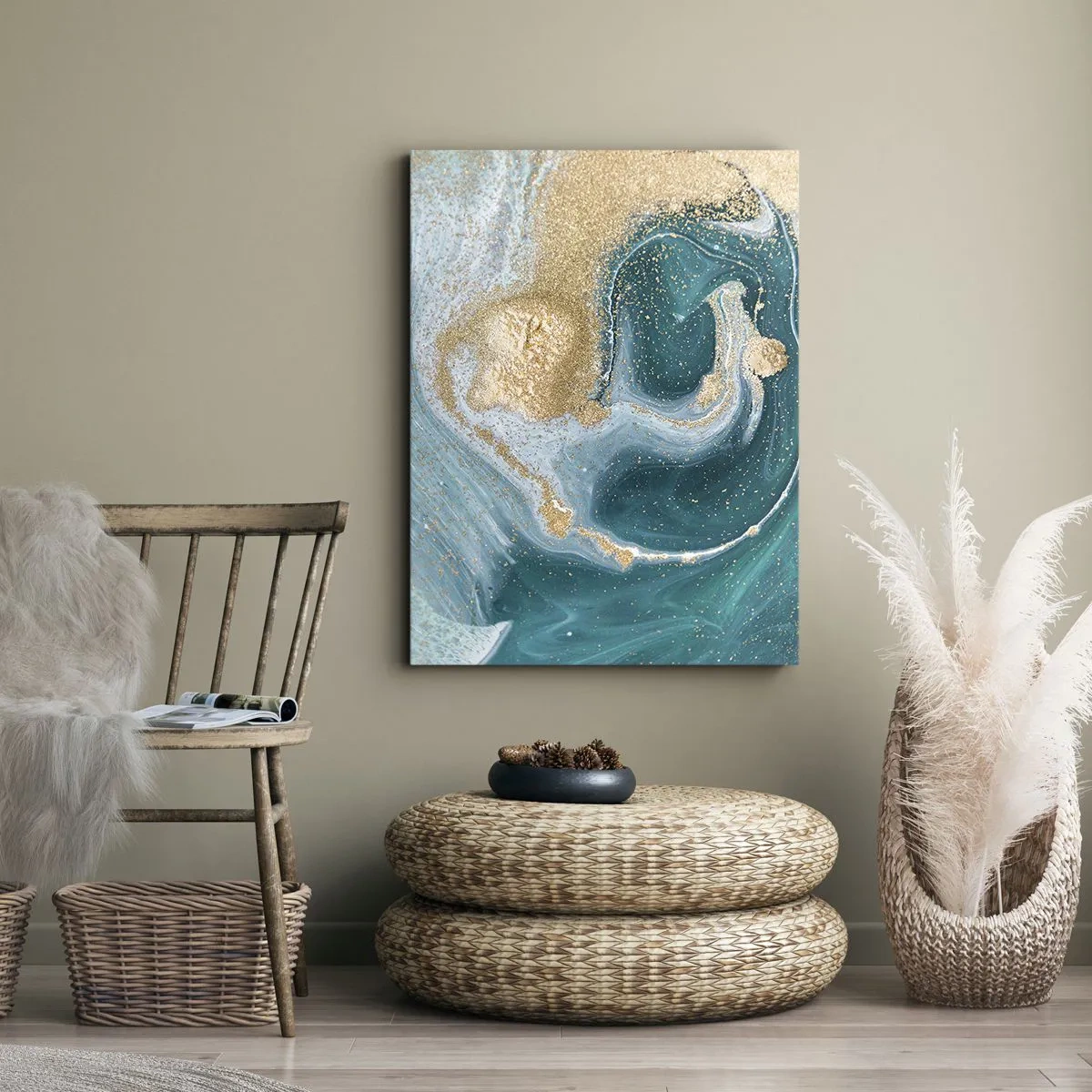 Lærredstryk - Billede på lærred - En hvirvel af guld og turkis - 50x70 cm