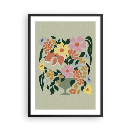 Plakat i sort ramme - Et farverigt blomsterarrangement i en dekorativ vase på en grøn baggrund - 50x70cm - En buket fuld af liv - Moderne vægdekoration til stue og soveværelse ARTTOR