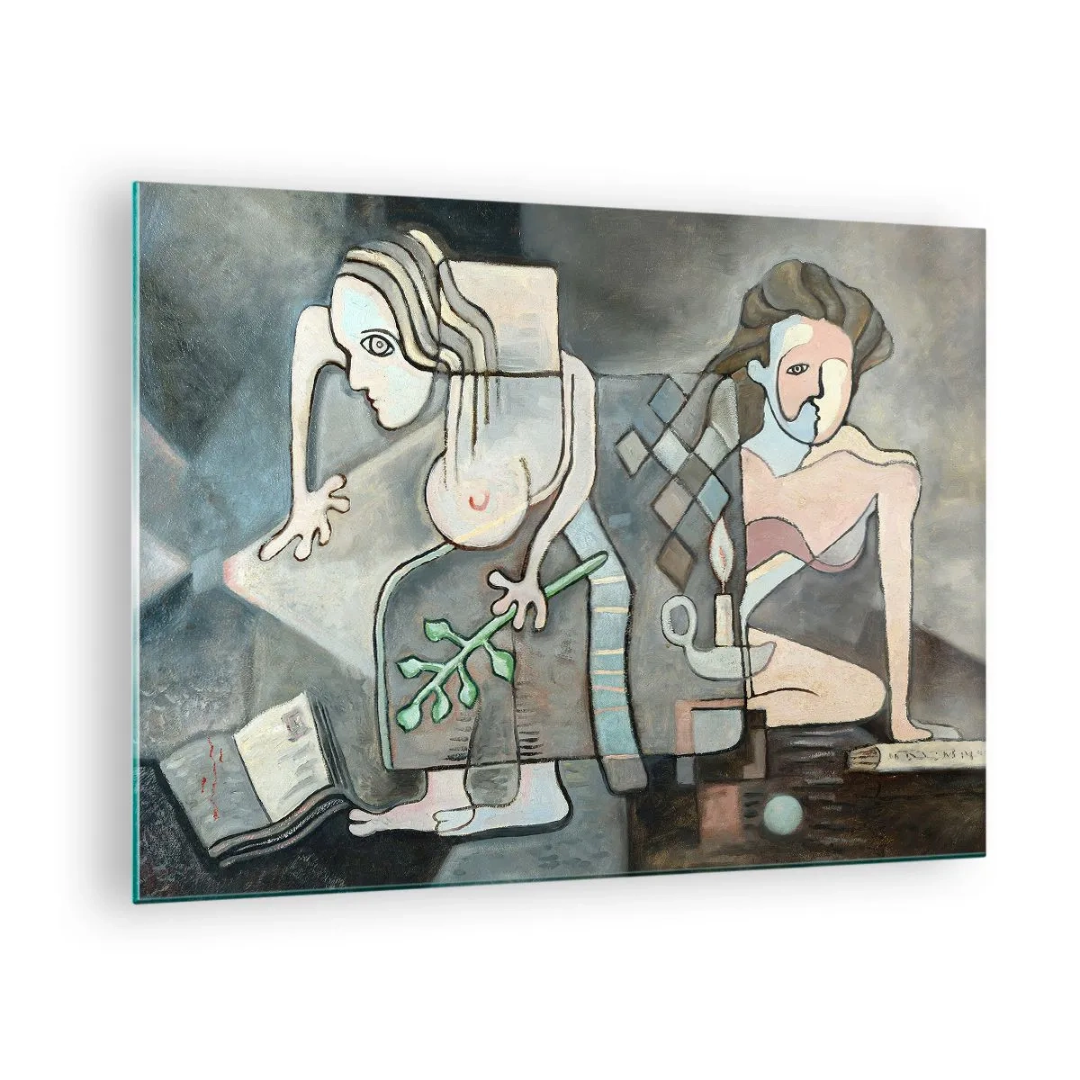 Billede på glas - En abstrakt scene med to figurer i kubistisk stil. - 70x50cm - En mosaik af ånd og materie - Moderne vægdekoration til stue og soveværelse ARTTOR