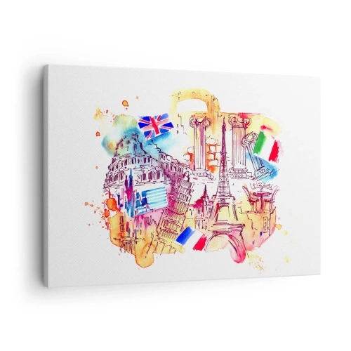 Lærredstryk - Billede på lærred - Akvarel af europæiske symboler med landeflag - 70x50cm - Europaturné - Moderne vægdekoration til stue og soveværelse ARTTOR
