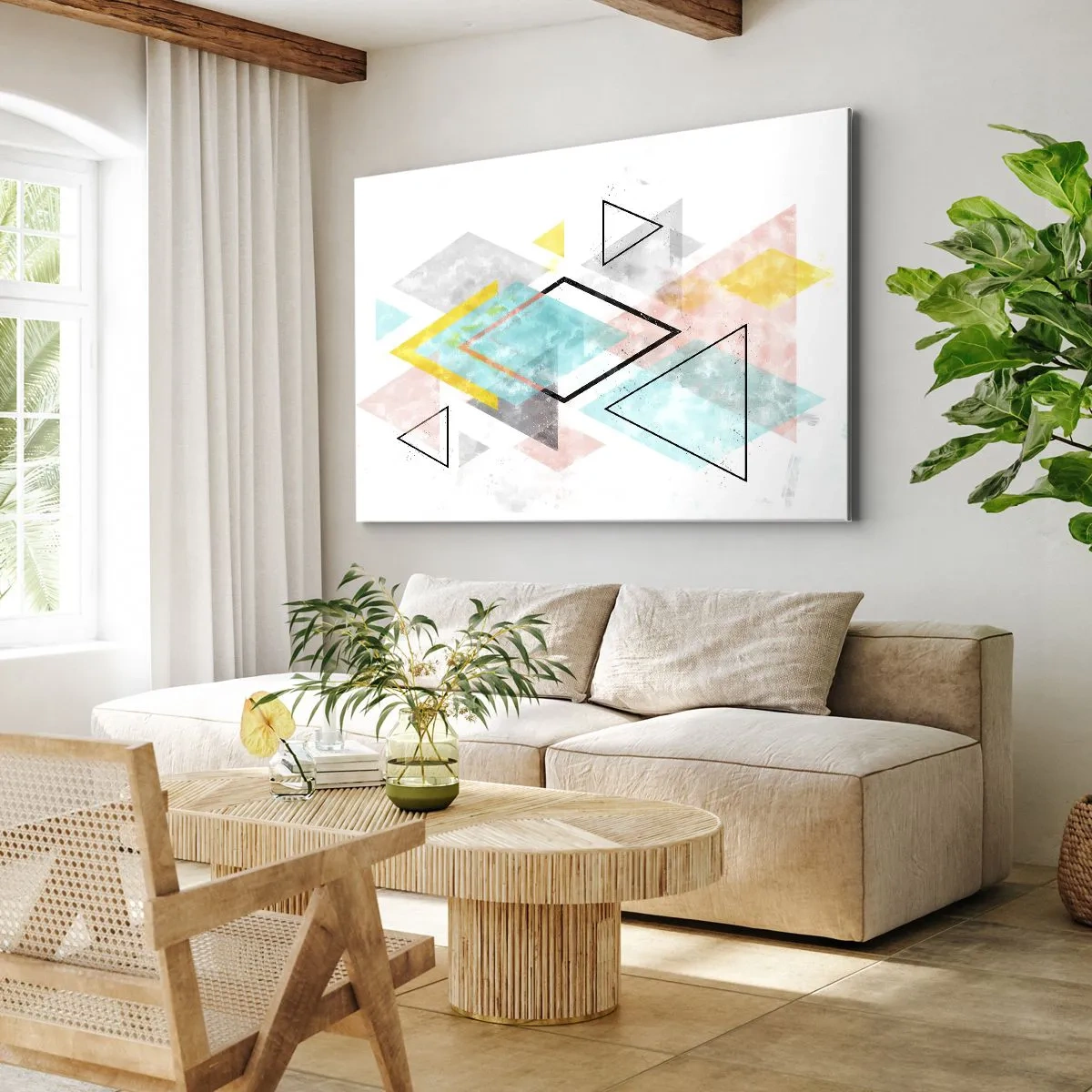 Lærredstryk - Billede på lærred - Farverige geometriske mønstre på en hvid baggrund - 70x50cm - Geometrisk leg - Moderne vægdekoration til stue og soveværelse ARTTOR