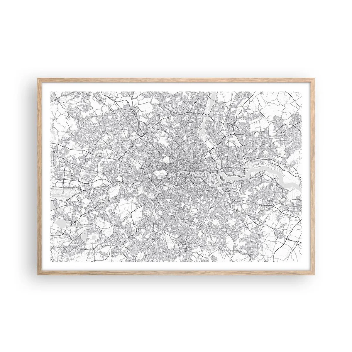 Plakat i ramme af lyst egetræ - Kort over Londons labyrint - 100x70 cm
