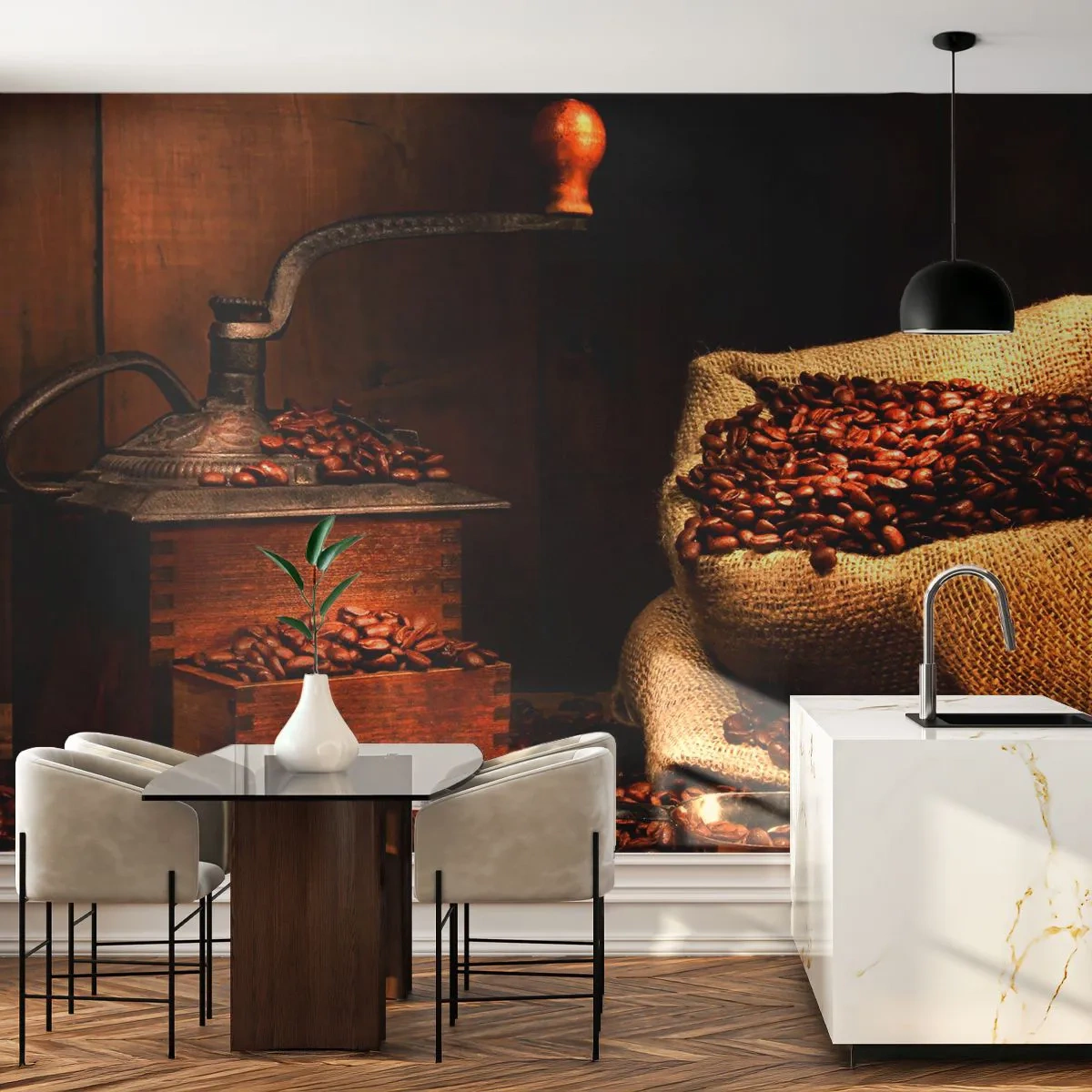 Fototapet Selvklæbende Deluxe Sticker - Stilleben med kaffebønner og kværn - Gastronomi, Kaffe, Kaffekværn - 100x70 cm