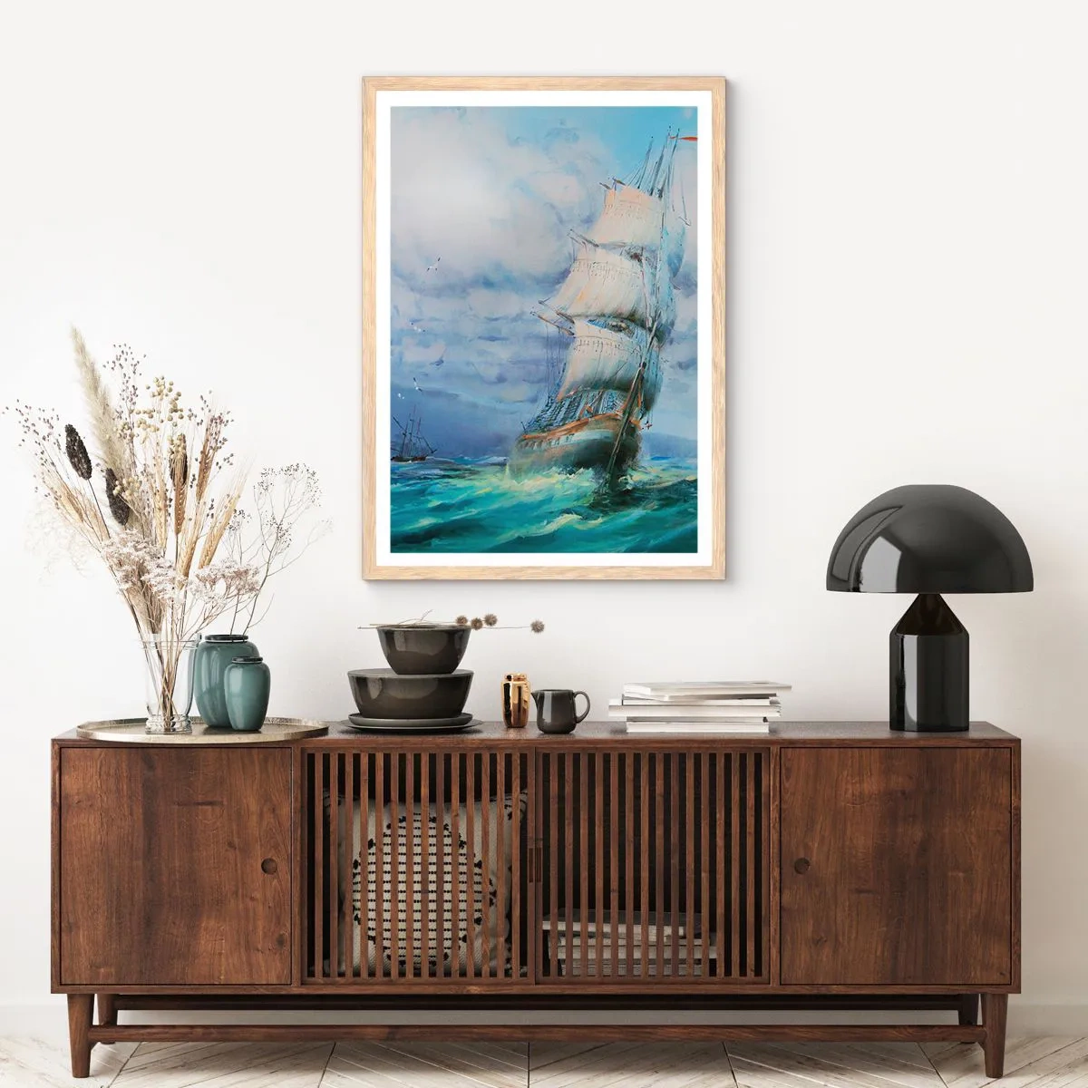 Plakat i ramme af lyst egetræ - God vind - 50x70 cm