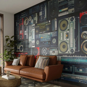 Fototapet Selvklæbende Deluxe Sticker - Nostalgi for 1980'erne. - Båndoptager, Musik forstærker, Vintage musikalsk udstyr - 350x256 cm