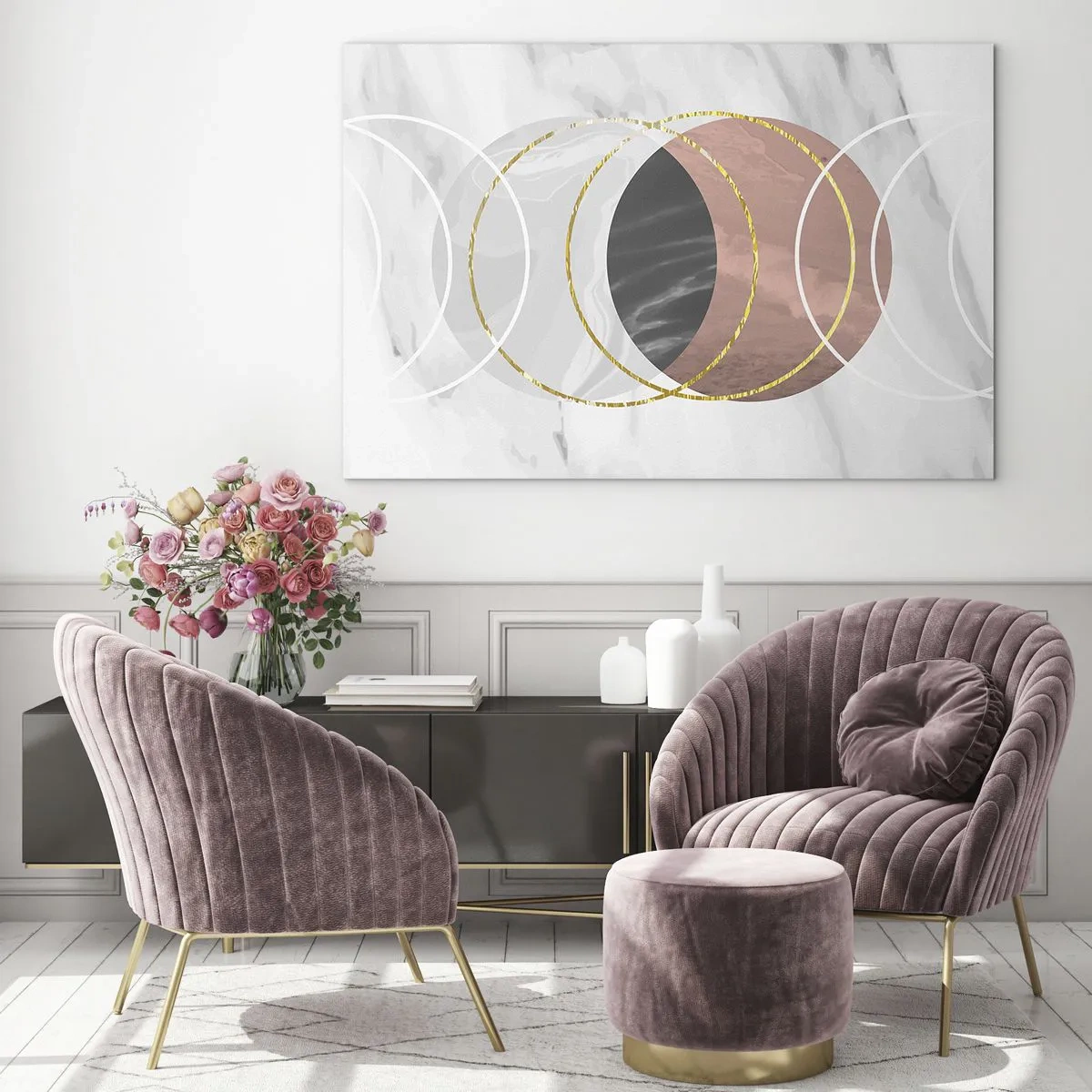 Billede på glas - Geometriske cirkler i nuancer af kobber, guld og marmor - 70x50cm - Sfærernes musik - Moderne vægdekoration til stue og soveværelse ARTTOR