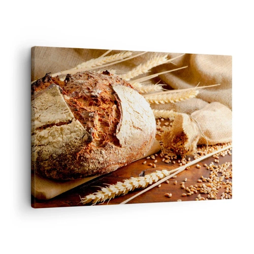 Lærredstryk - Billede på lærred - Sprødt brød med korn og hvedeører på en træbaggrund - 70x50cm - Appetitlig, velduftende, sprød - Moderne vægdekoration til stue og soveværelse ARTTOR