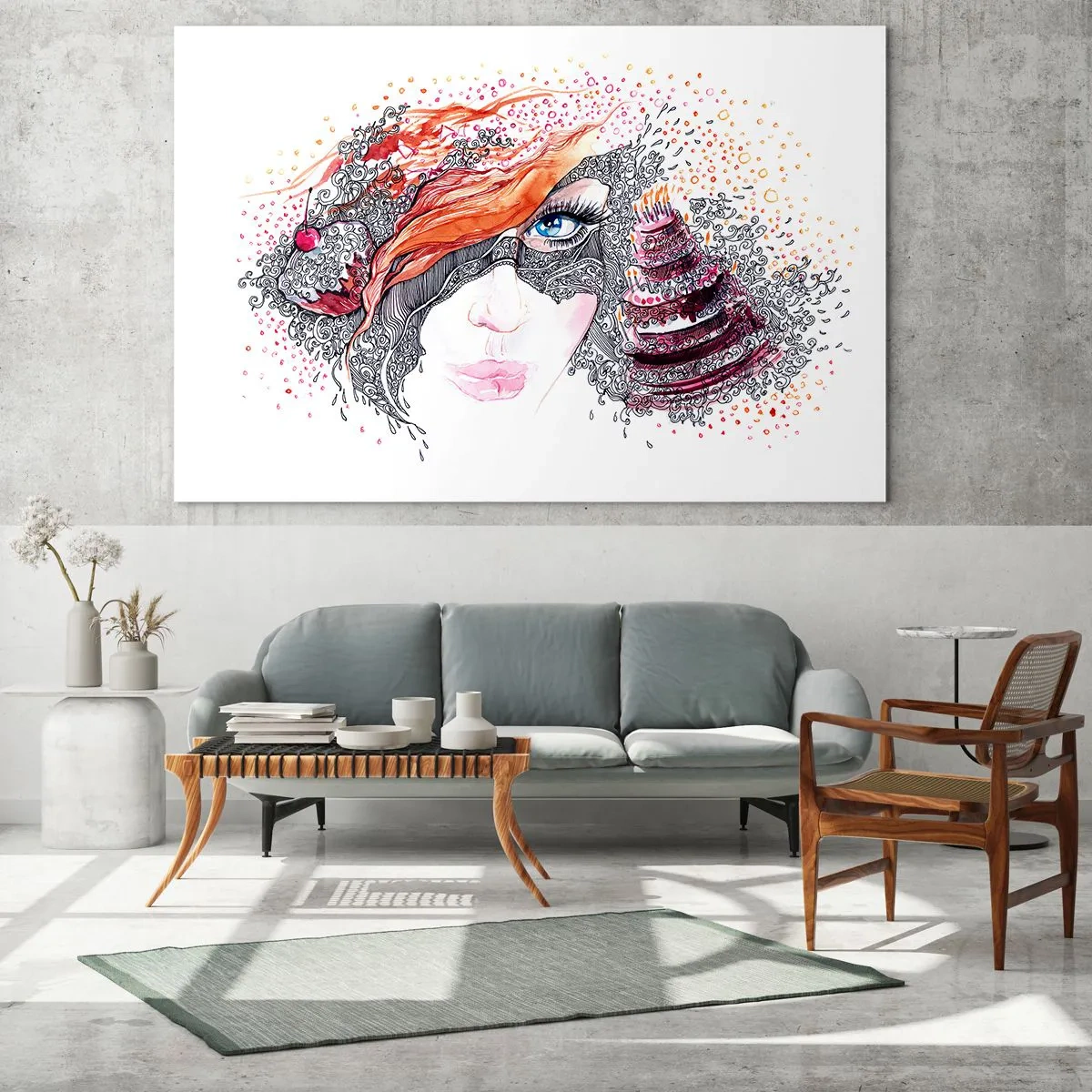 Billede på glas - Portræt af en kvinde med dynamiske mønstre og røde accenter - 70x50cm - Hos hende er hver dag en ferie - Moderne vægdekoration til stue og soveværelse ARTTOR