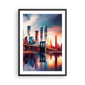 Plakat i sort ramme - Panorama over byen med en bro og spejling i vandet - 50x70cm - Fænomenale New York - Moderne vægdekoration til stue og soveværelse ARTTOR