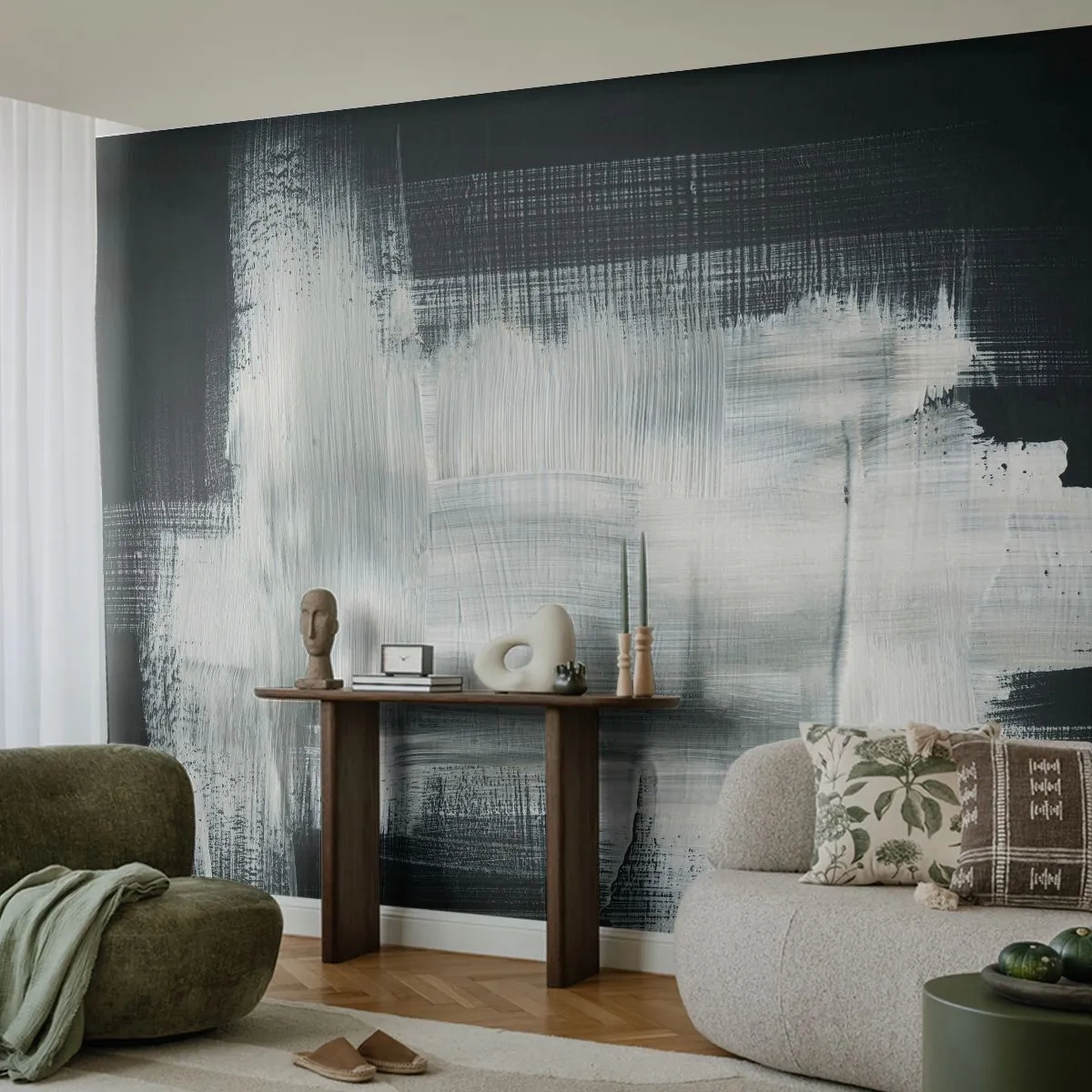 Fototapet Premium Canvas - Vævet af det lodrette og det vandrette - Abstraktion, Stykke, Sort og hvid - 350x256 cm
