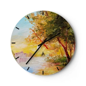 Vægur, Uret - Efterårstræer ved floden i det varme sollys - 30x30cm - Et in Arcadia ego - Moderne vægdekoration til stue, køkken og soveværelse ARTTOR