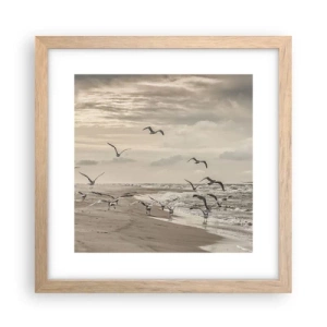 Plakat i ramme af lyst egetræ - Havet brummer, fuglene synger - 30x30 cm