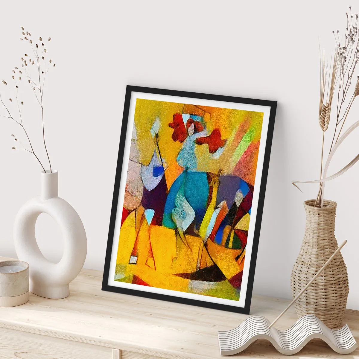 Plakat i sort ramme - Farverige figurer i abstrakt stil - 50x70cm - Sol - liv - glæde - Moderne vægdekoration til stue og soveværelse ARTTOR