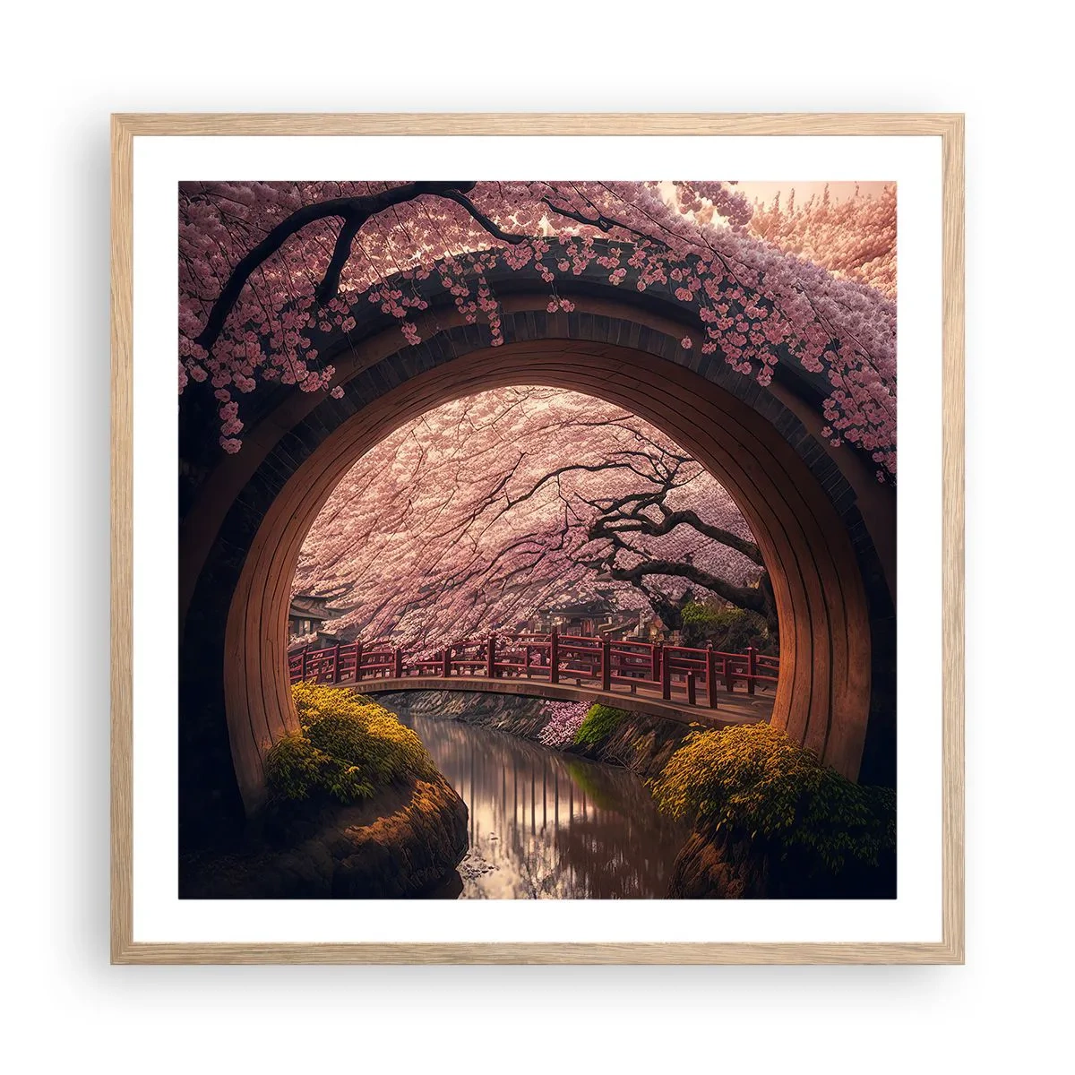 Plakat i ramme af lyst egetræ - Japansk forår - 60x60 cm